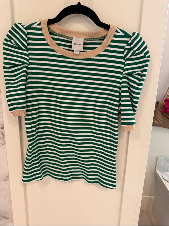 Maeve Tops - Maeve Green and White Striped Puff Sleeve Top with Beige Trim